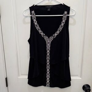 White House Black Market Black Blouse with White Embroidery